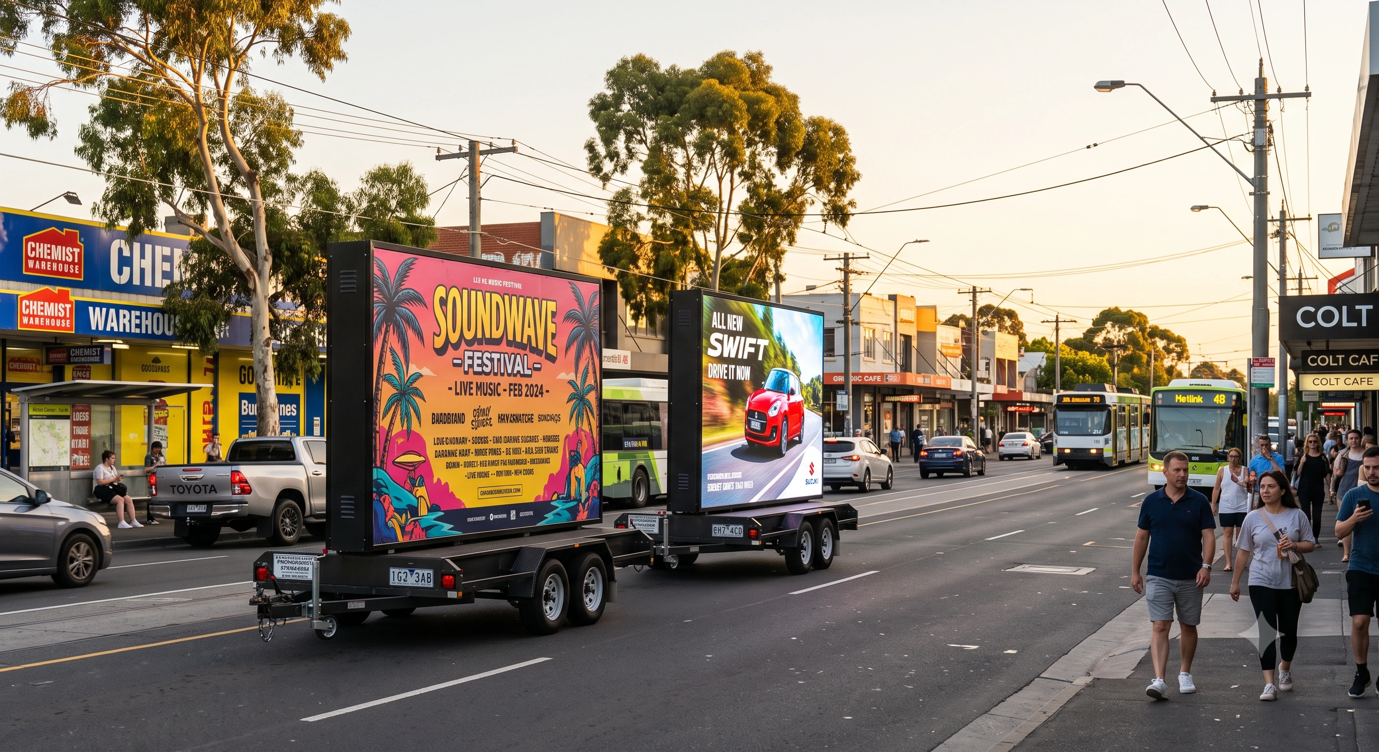 Digital vs printed mobile billboard comparison — LED digital trailer and static printed trailer side by side on an Australian street